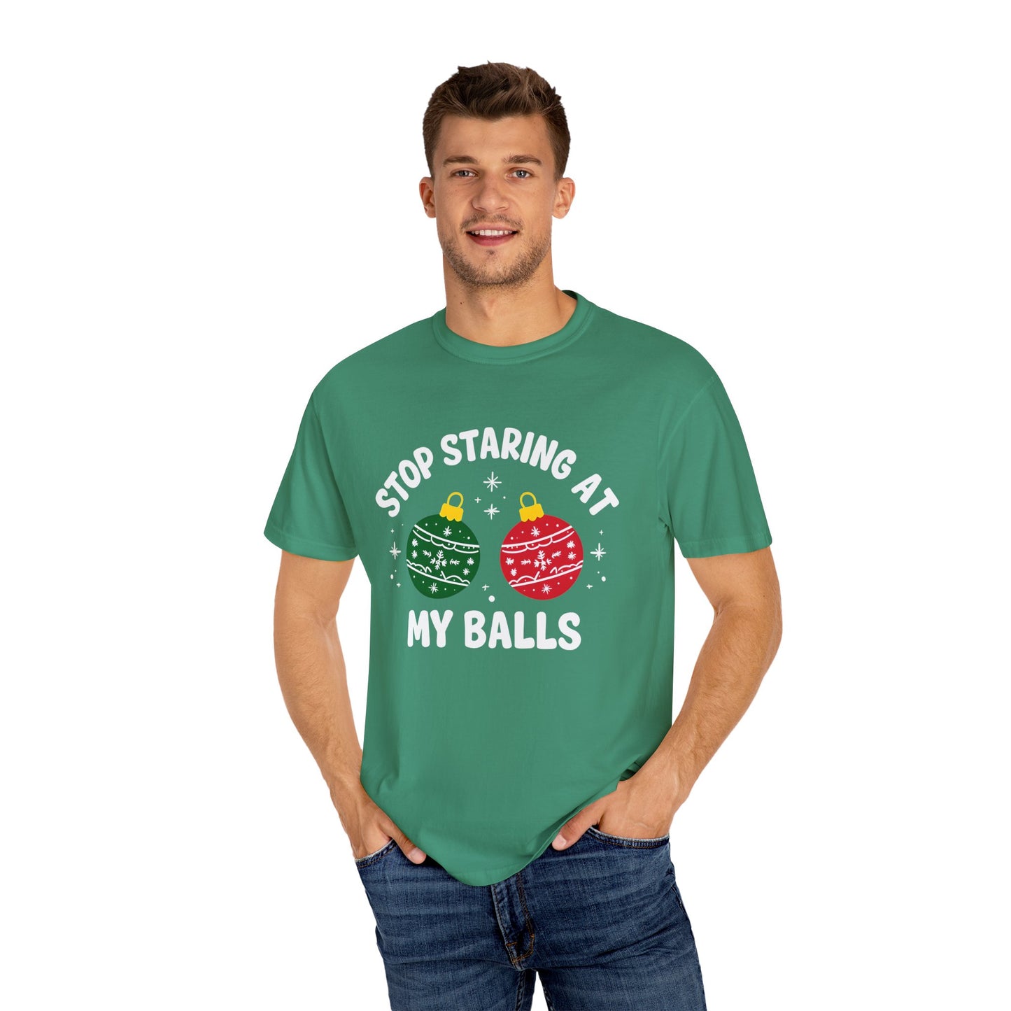 Funny Holiday T-Shirt, Humorous Christmas Tee, Unisex Graphic Shirt, Unique Gift for Him/Her, Stop Staring at My Balls