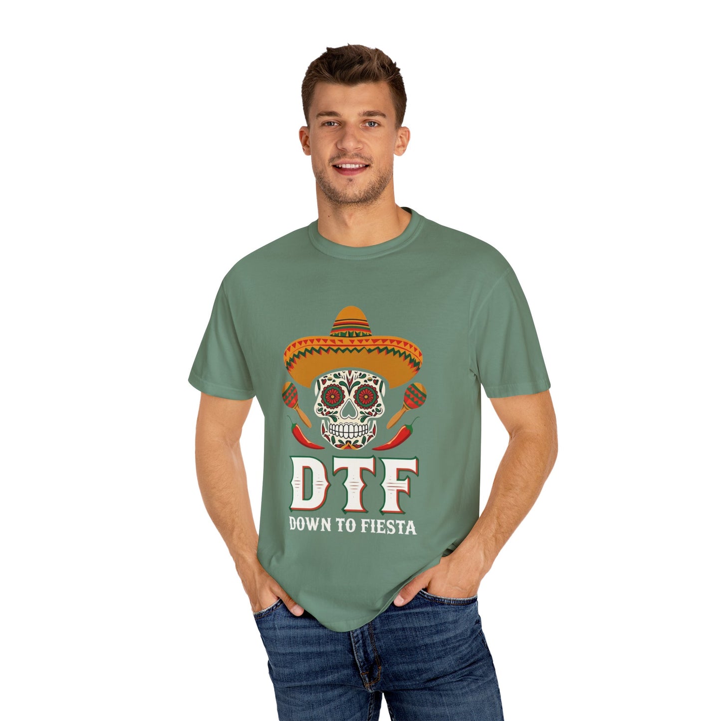 DTF Unisex Garment-Dyed T-Shirt, Vintage Skull Tee, Casual Halloween Shirt, Day of the Dead Apparel, Fun Gift for Friends