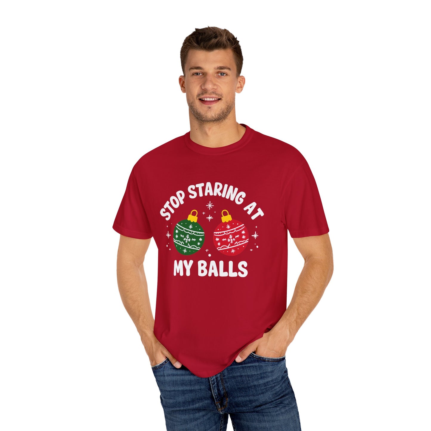 Funny Holiday T-Shirt, Humorous Christmas Tee, Unisex Graphic Shirt, Unique Gift for Him/Her, Stop Staring at My Balls